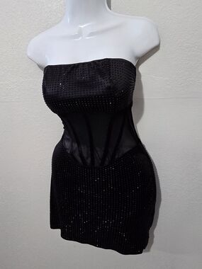 NWOT Bear Dance Strapless Black Sequin Mesh Bodycon Mini Dress Size-Medium